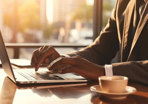 closeup with hand of businessman using laptop with out door cafe chilling technology concept AI Generative