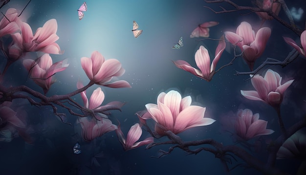 Closeup with magnolia flower butterflies and empty space in a fantasy world
