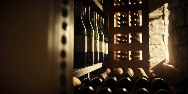 伝統的な素朴な木製の棚にワインのボトルをクローズ アップ