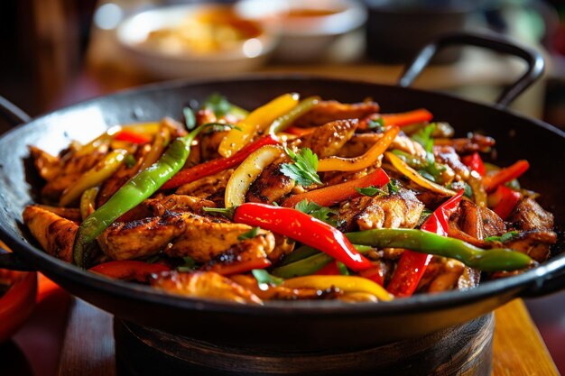 Closeup of a wok filled with sizzling chicken and colorful bell peppers