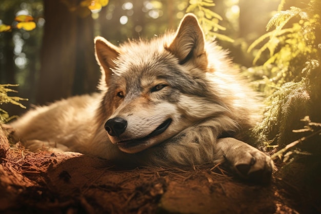 Closeup of a wolf having a rest in a forest Generative AI