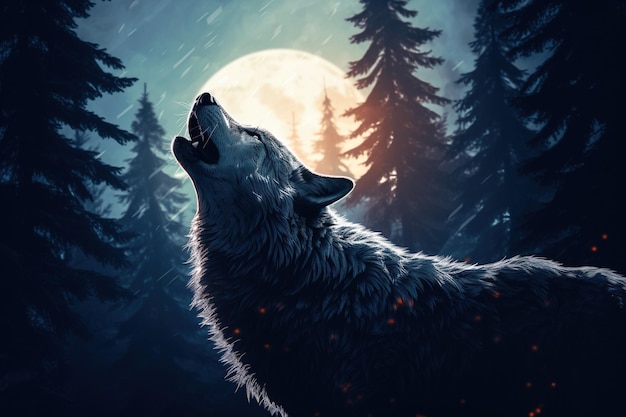 Photo closeup of a wolf howling at a full moon with frosted evergreens silhouetted in the background