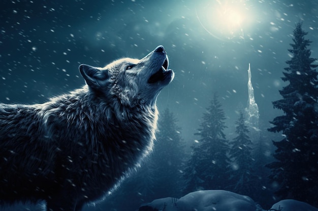 Photo closeup of a wolf howling at a full moon with frosted evergreens silhouetted in the background