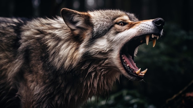 Близкий взгляд на морду волка, когда он издает пугающий вой