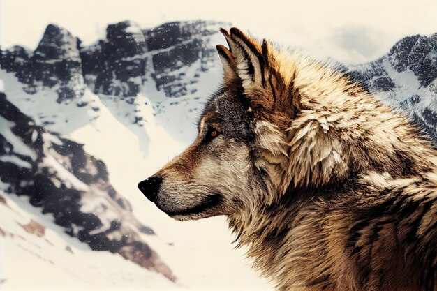 Foto primo piano della pelliccia di lupo sullo sfondo del picco di montagna innevato creato con ai generativo