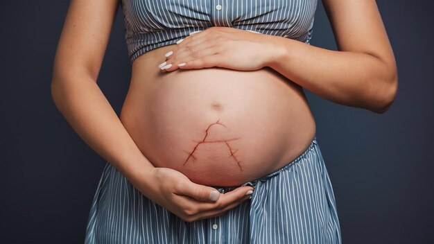Closeup of woman belly with a scar from a cesarean section size isolated