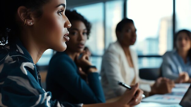 Photo closeup of woman in business meeting at office generative ai