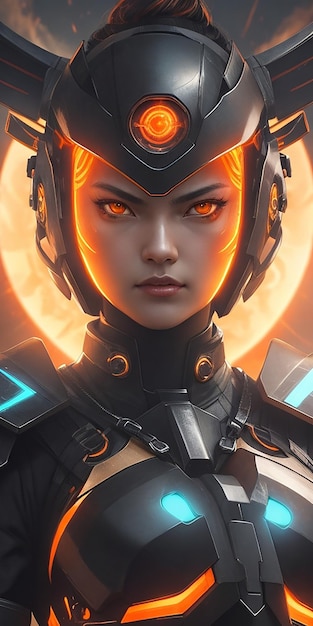 크로즈업 여성 사이버 사무라이가 영웅적인 자세로 서 있습니다. 그들의 검은 갑옷과 오렌지색 눈이 이미지입니다.