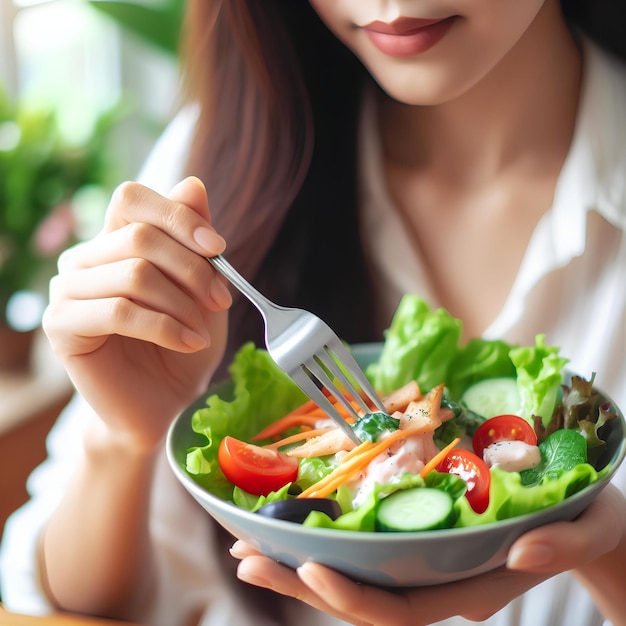 Closeup woman eating healthy food salad focus on salad and fork