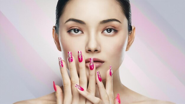 Closeup woman face with pink nails near eyes fingernails with pink manicure