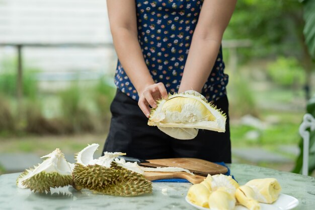 Closeup woman hand peeling durian, king of fruit