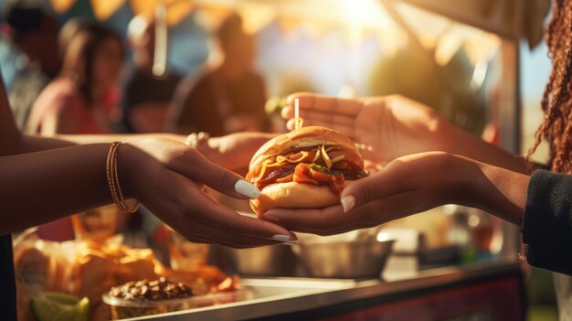 Foto close-up della mano di una donna che prende un hamburger al camion del cibo