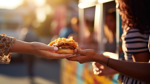 Foto close-up della mano di una donna che prende un hamburger al camion del cibo