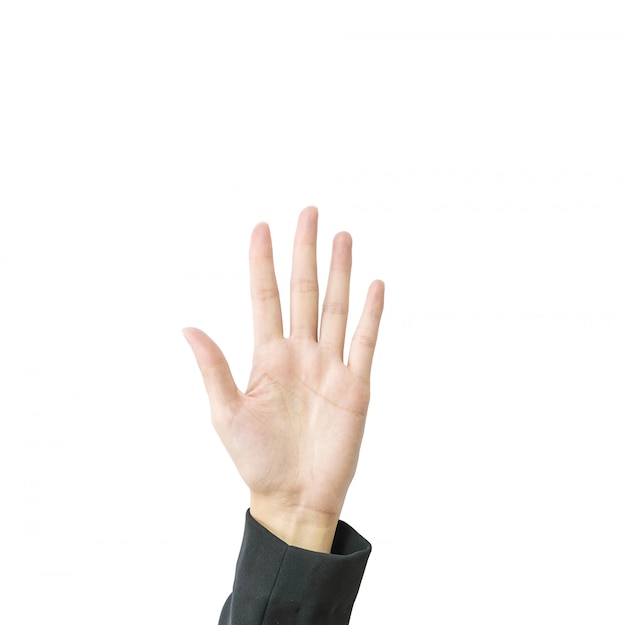 クローズアップ女性手ショー5本の指に孤立した白い背景