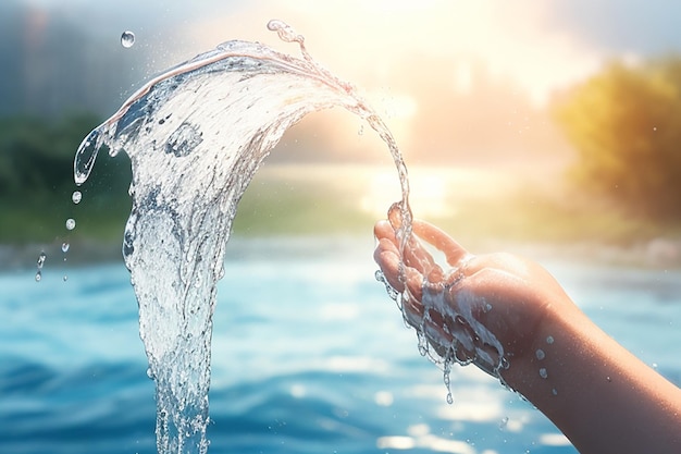 Closeup woman hand under the stream of splashing water skin care concept