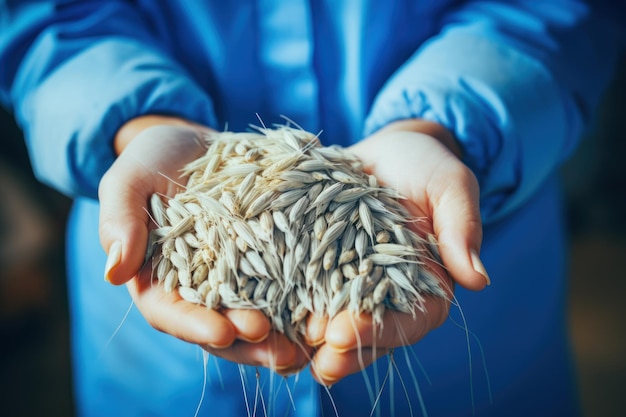 Closeup of woman hands in blue gloves holding wheat grains top view