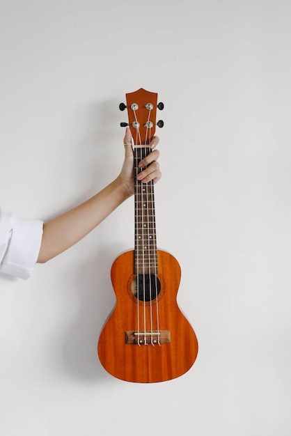 Closeup of woman hands hold ukulele guitar copy space for art\
and musical concept