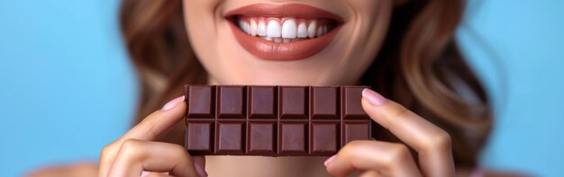 A closeup of a woman holding a chocolate bar in front of her face about to take a bite