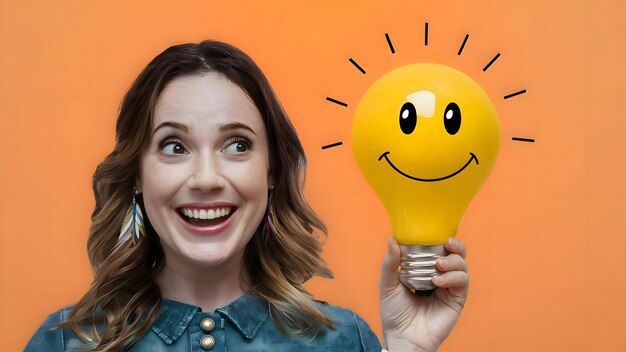 Photo closeup of a woman holding a glowing light bulb