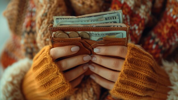 Photo closeup of a woman holding an open wallet with money and coins