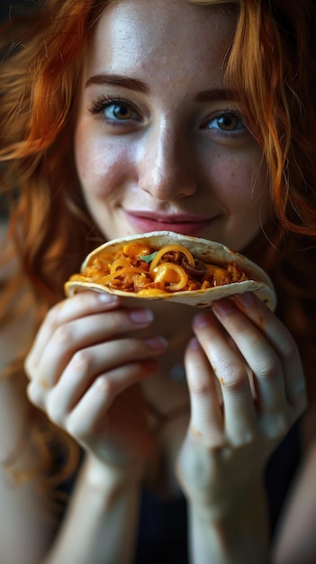 A closeup of a woman holding a plate of food in her hands while eating a taco