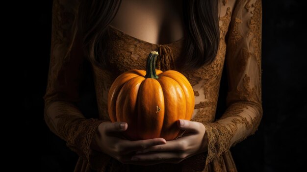 Closeup woman holding pumpkin