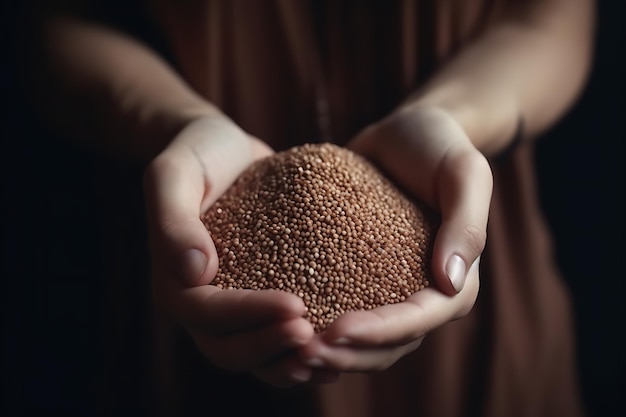 Closeup of woman holding raw buckwheat over grains