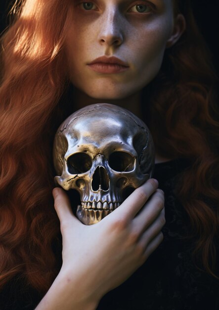 Photo closeup of woman holding skull