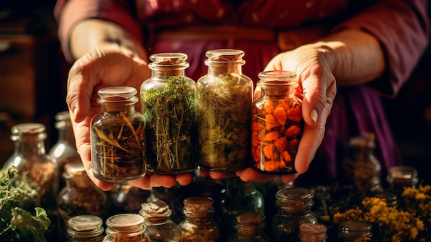 closeup of a woman holding supplements with herbs in her handsAI Generative AI