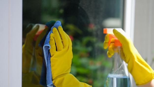 Closeup of woman housemaid using detergent and rag for cleans window house cleaning