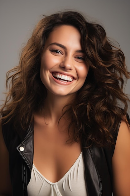 closeup woman leather jacket smiling happy fashion model face curly brown hair unique