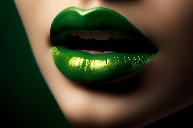 A closeup of woman lips with green lipstick