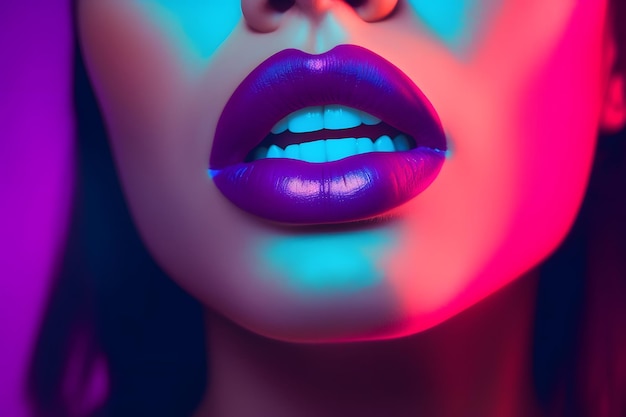 A closeup of woman lips with neon lipstick