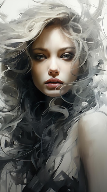 closeup woman long hair monochromatic light color silver femme fatale flowing glossy skin wind swept