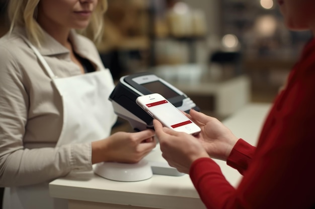 Foto primo piano di una donna che effettua il pagamento senza contatto con lo smartphone al bancone di un negozio di abbigliamento