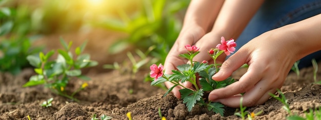 closeup of a woman planting flowers in a flowerbed