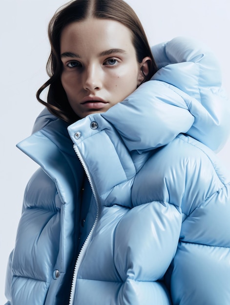 Closeup of a woman in a puffy airy jacket in soft color and lighting gradient AI generated AI generative AI generativ