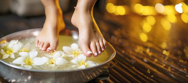 Closeup of a woman's barefoot toes immersed in a floral herbal bath emphasizing the soothing and natural aspects of foot care