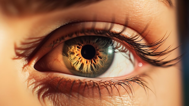 A closeup of a woman's blue iris as she looks into the camera Generative AI