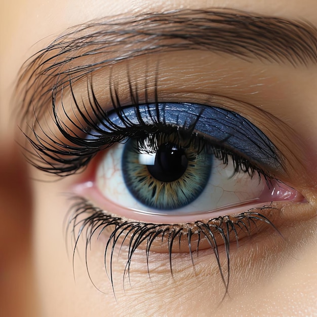 Closeup of woman's edgy eye makeup with blue glitter