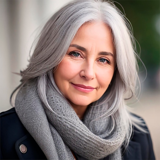 Foto close-up del viso di una donna con i capelli grigi