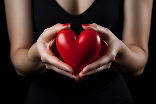 Крупный план женских рук, держащих форму красного сердца на темном фоне