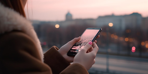 Foto primo piano delle mani di una donna che tiene uno smartphone digitando un messaggio di testo con un paesaggio urbano sfocato sullo sfondo ai generativo