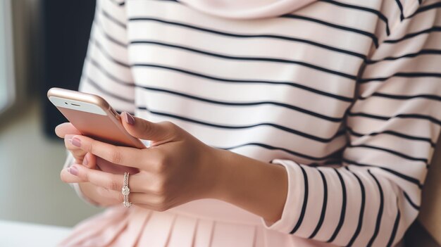 Foto closeup di mani di una donna che tiene uno smartphone con una mano adornata con un anello contrapposto alla sua camicia a righe e gonna rosa