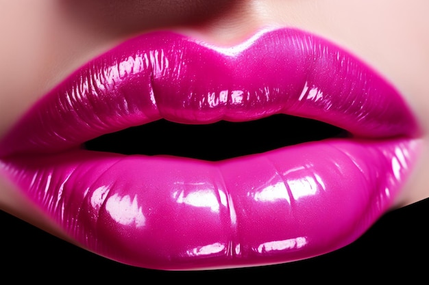 A closeup of a woman's pink lipstick and a kiss