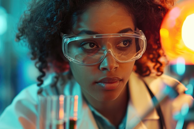 closeup woman scientist with glasses