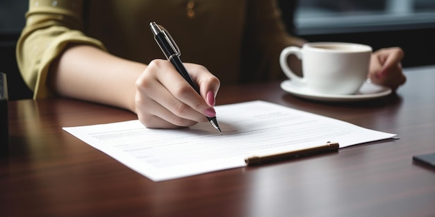 closeup of woman signing documents and drinking coffee