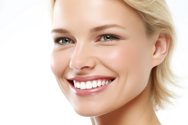 Closeup of a woman smiling against a white background