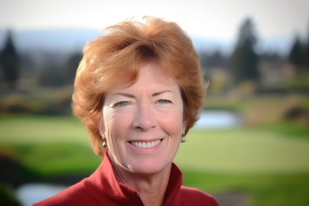 Closeup of a woman smiling at the camera with golf course in background