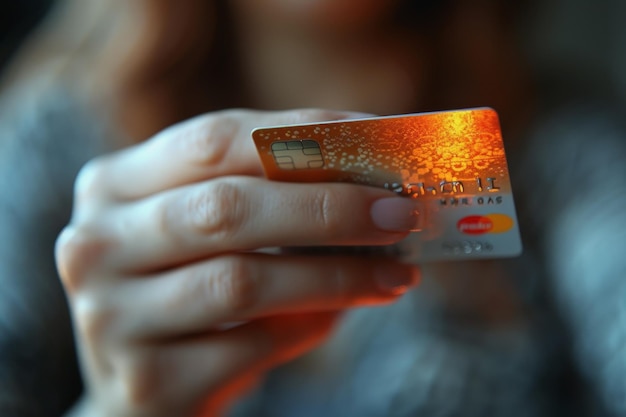 Closeup A woman uses her hand to hold a credit card used for paying with an online product card